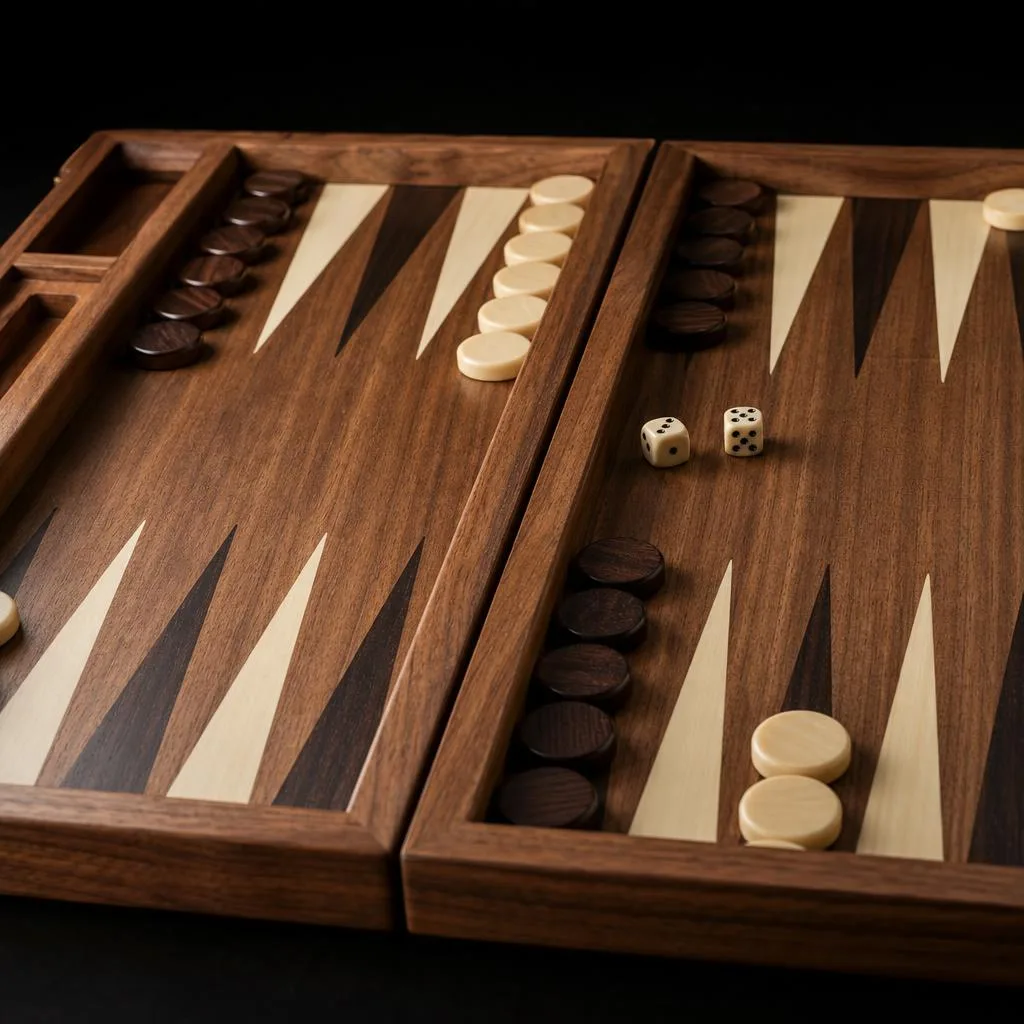 Détail d’un plateau de backgammon en noyer, dés et pions — visualisation générée
