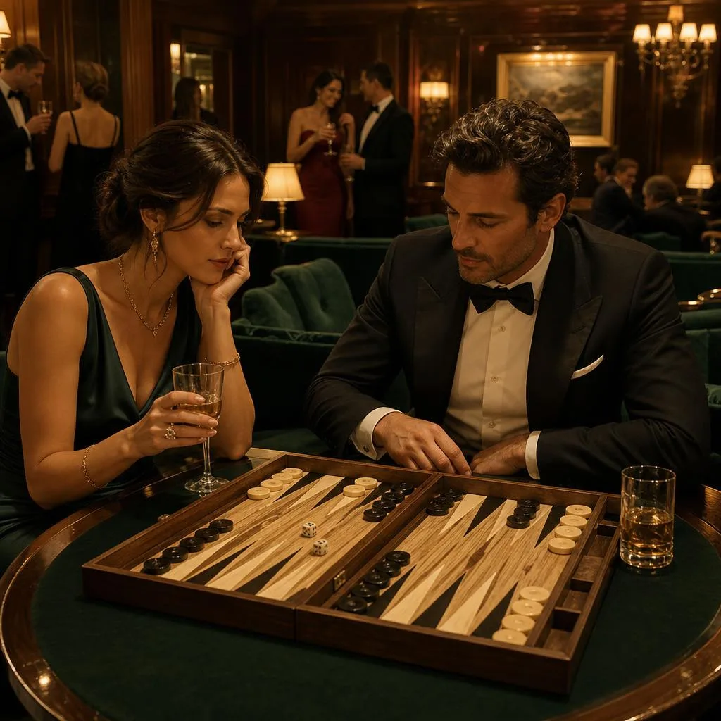 Une femme et un homme adultes jouent au backgammon dans un salon de casino — visualisation générée