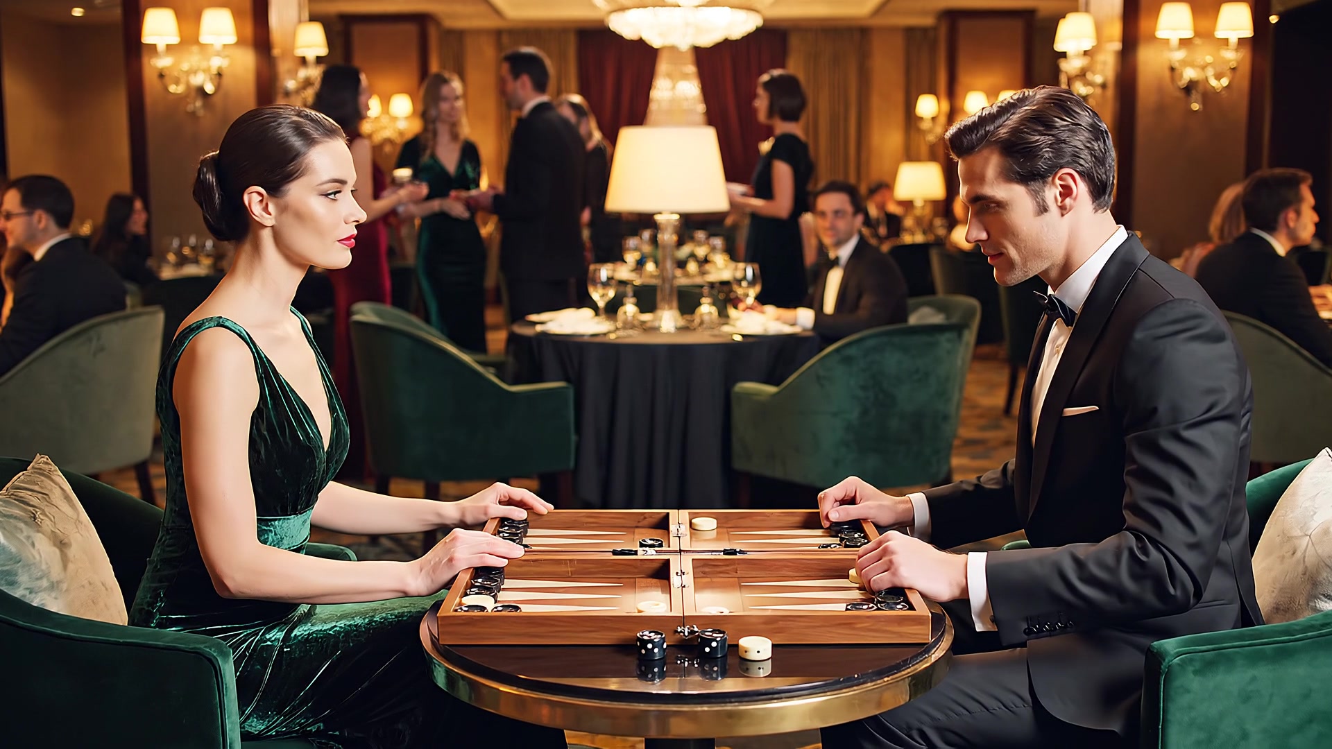 Scène d’ambiance générée : joueurs adultes autour d’un backgammon dans un salon de casino