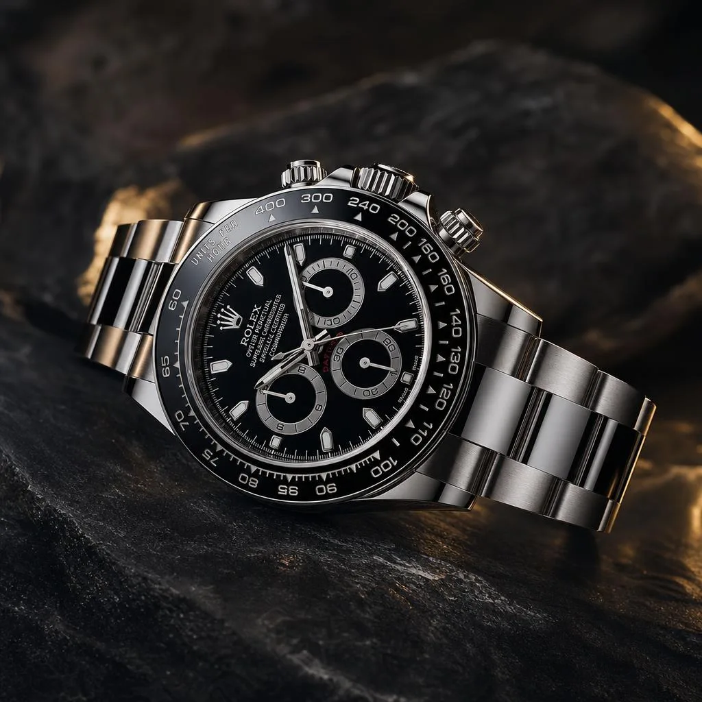Visualisation d’une montre chronographe à cadran noir et lunette céramique